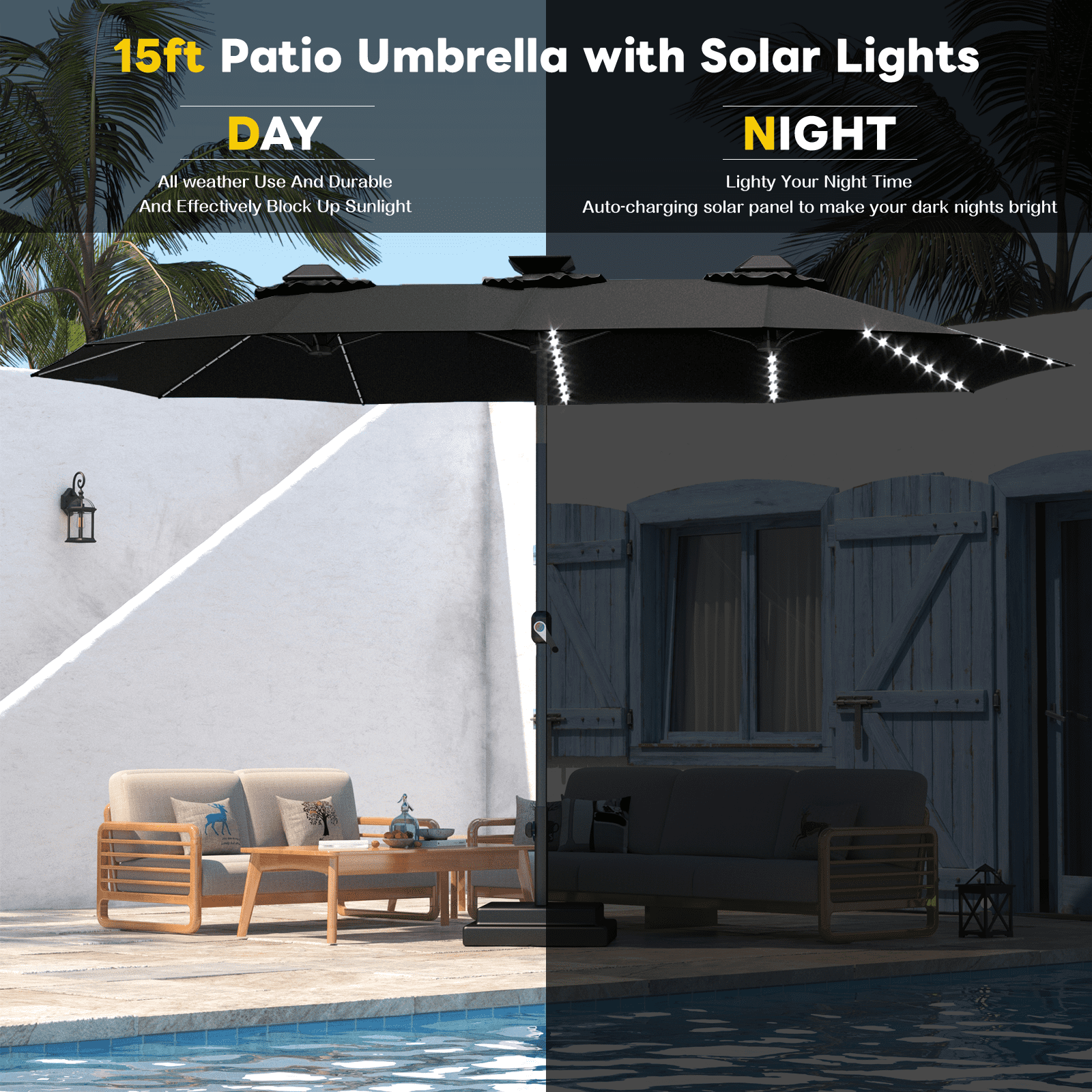 AECOJOY 10x10ft Outdoor Cantilever Patio Umbrella with Base, 360° Tilt & Rotate, Beige