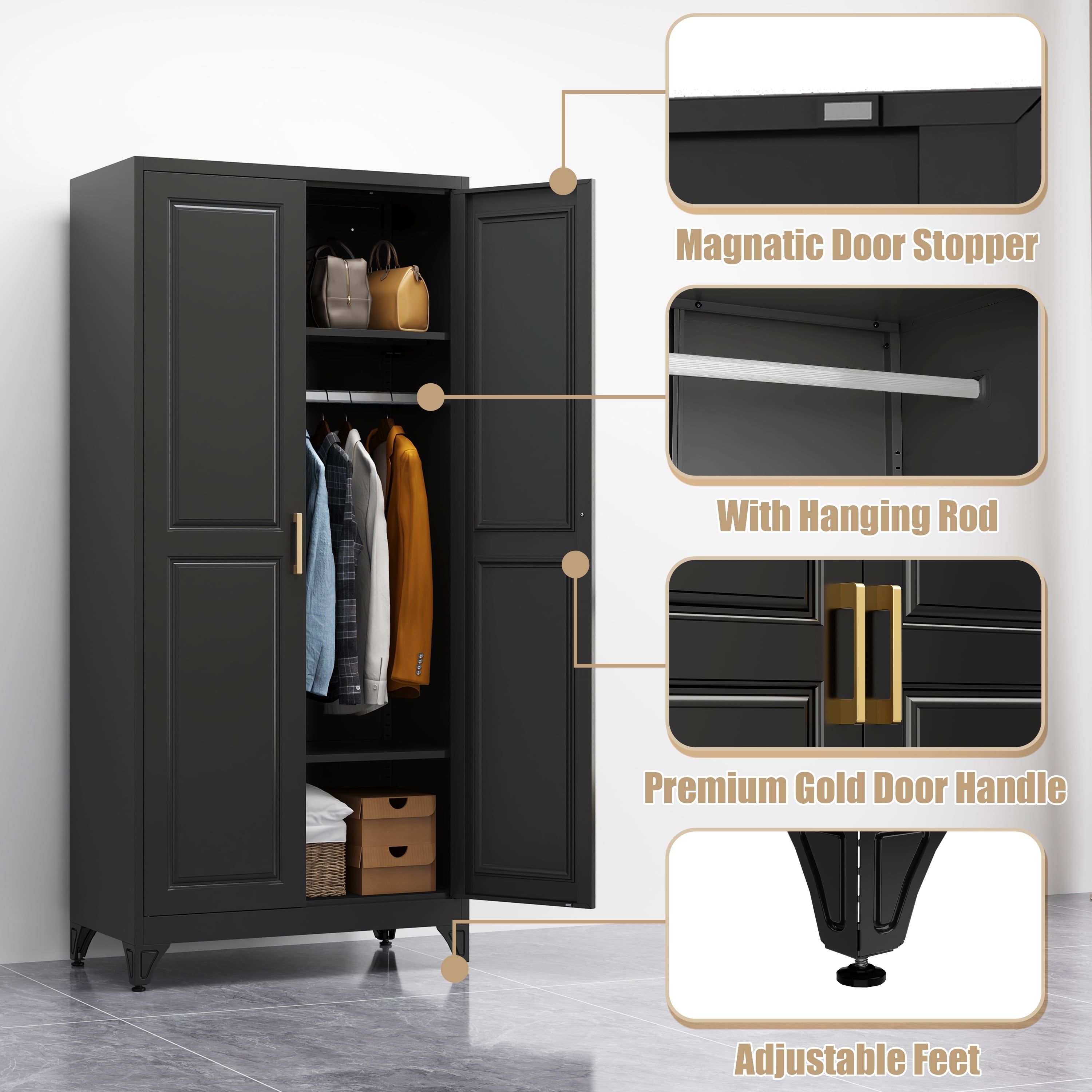 Polup 71 H Modern Metal Sturdy Armoire Cabinet with Shelves and Hanging Rod, Adult Bedroom Wardrobe Closet with Doors