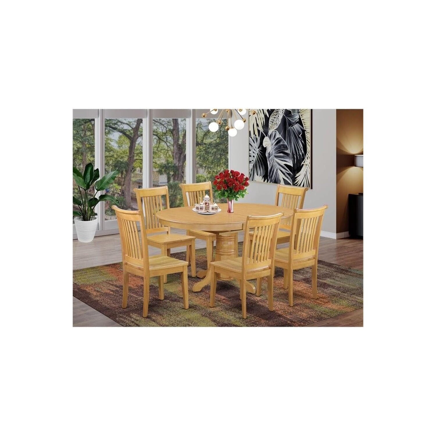HomeStock 7 Pc Dining Set with A Kitchen Table and 6 Wood Seat Kitchen Chairs in Oak, Modern Dining Table Set for Dining Rooms