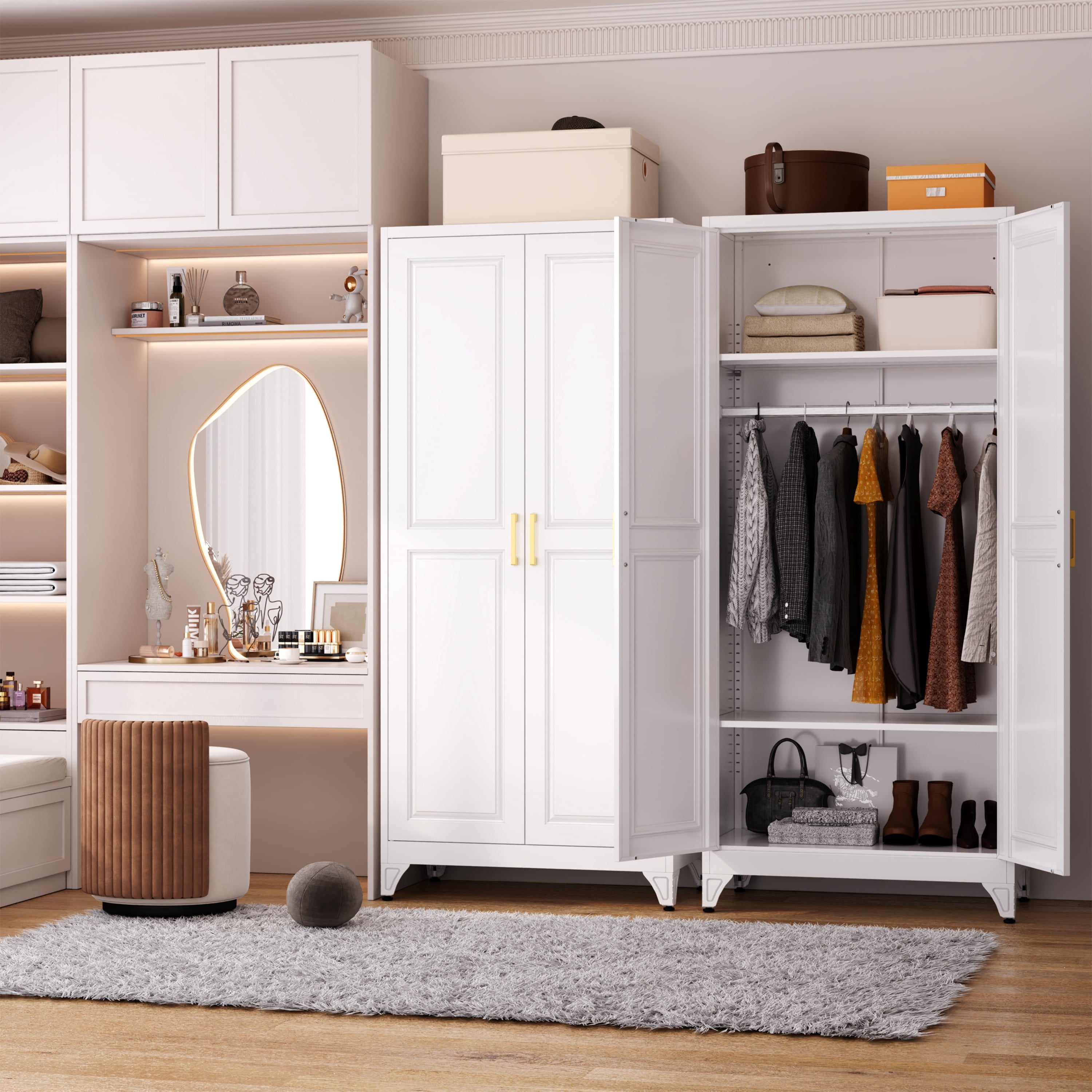 Polup 71 H Modern Metal Sturdy Armoire Cabinet with Shelves and Hanging Rod, Adult Bedroom Wardrobe Closet with Doors