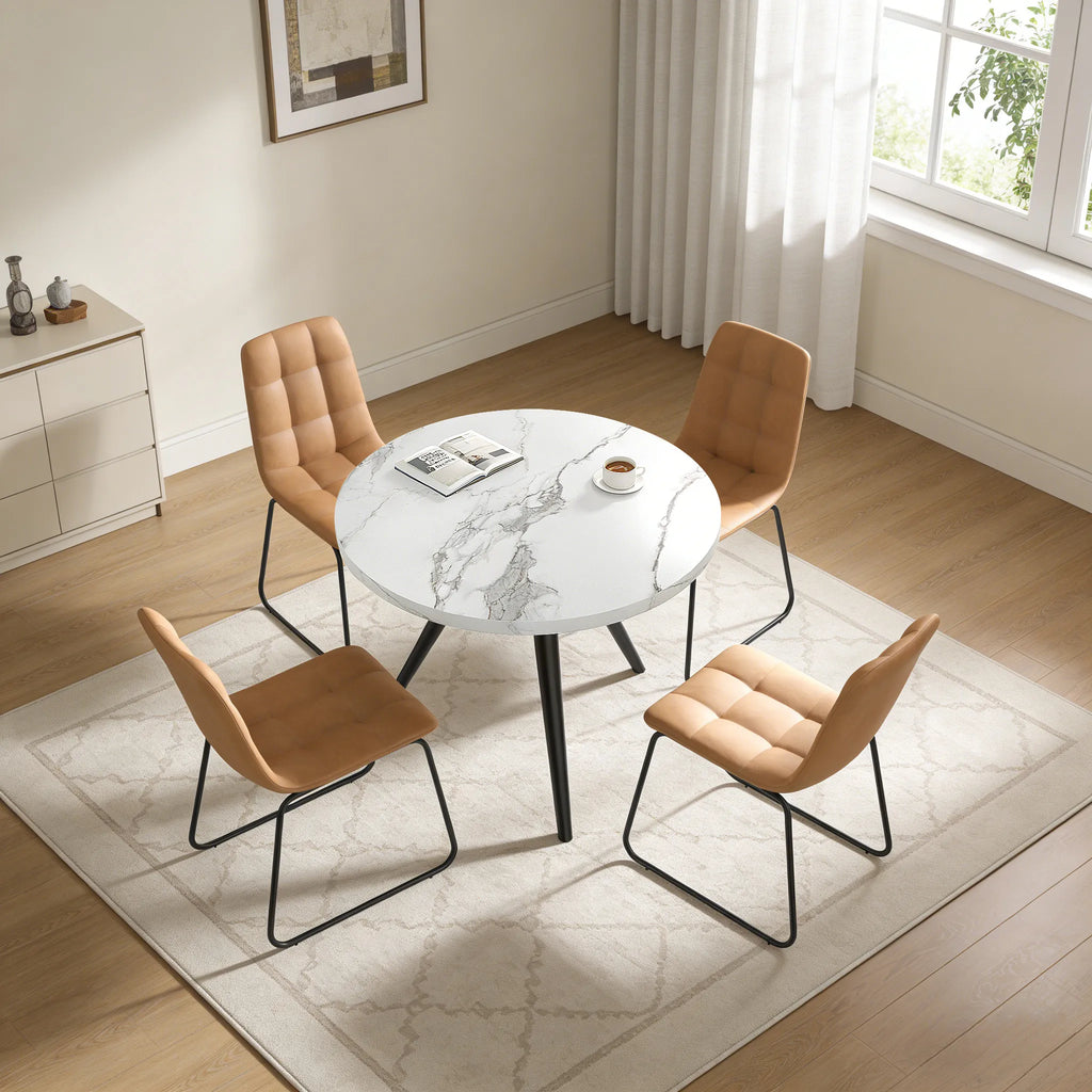 34.8 Round Dining Table Set for 4,5 Piece Mid-Century Modern Dining Set with 4 Upholstered Dining Chairs,Leisure Coffee Table for Kitchen Dining Room, Save Space