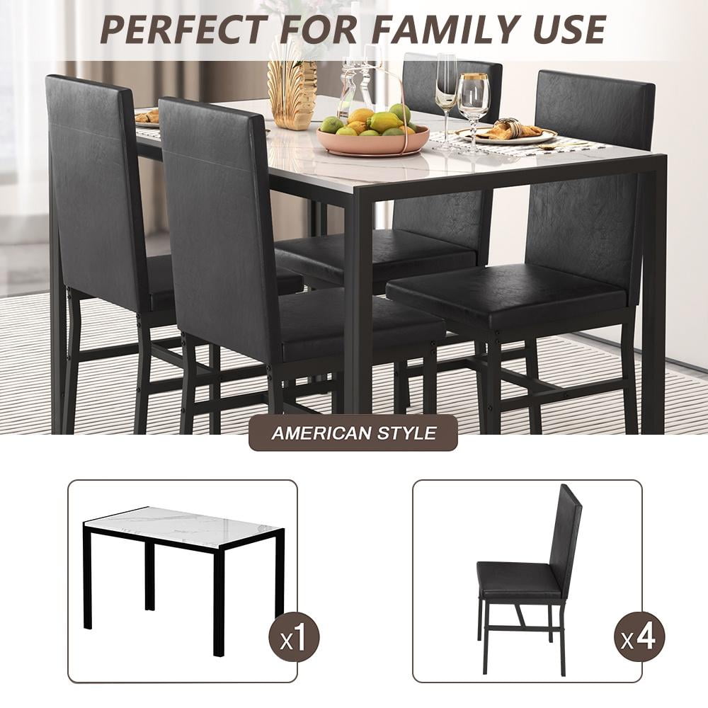 5 Piece Dining Table Set, Modern Faux Marble Tabletop and 4 PU Leather Upholstered Chairs, Rectangle Kitchen Table and Chairs for 4 Persons, Small Dining Set for Bar Dining Room Breakfast Nook