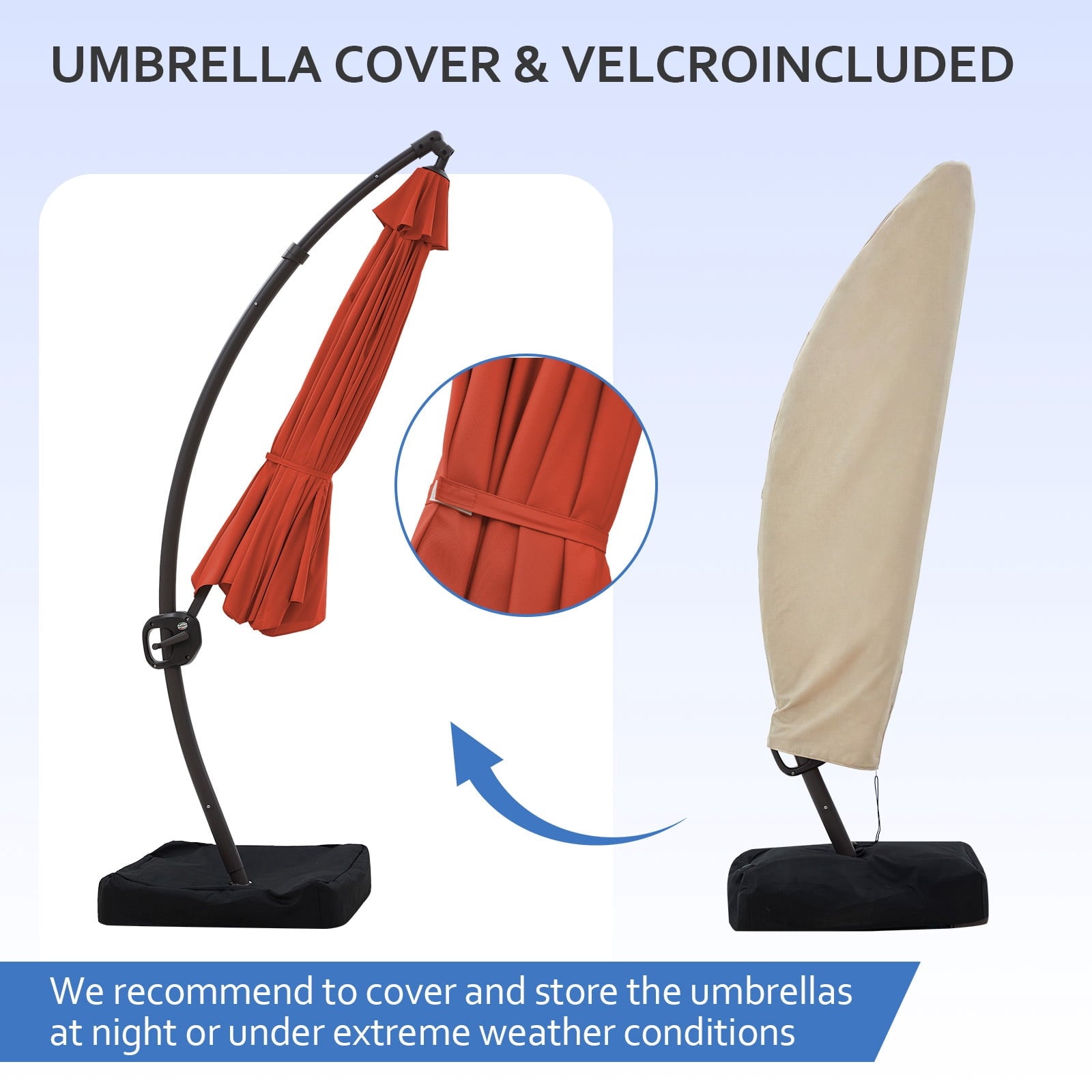 FUNDAZE 11ft Market Patio Umbrella with Base, Curved Cantilever Hanging Sun Shade with Crank & Tilt for Garden, Deck, Poolside,Beige