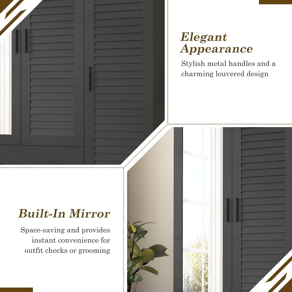 Blotout 70 Armoire Wardrobe Closet with Mirror & LED Lights, LED White Louver Door Wardrobe Armoire with 3 Drawers & Hanging Rods, Large 3 Doors Armoire Storage with Multi-Layer Shelves