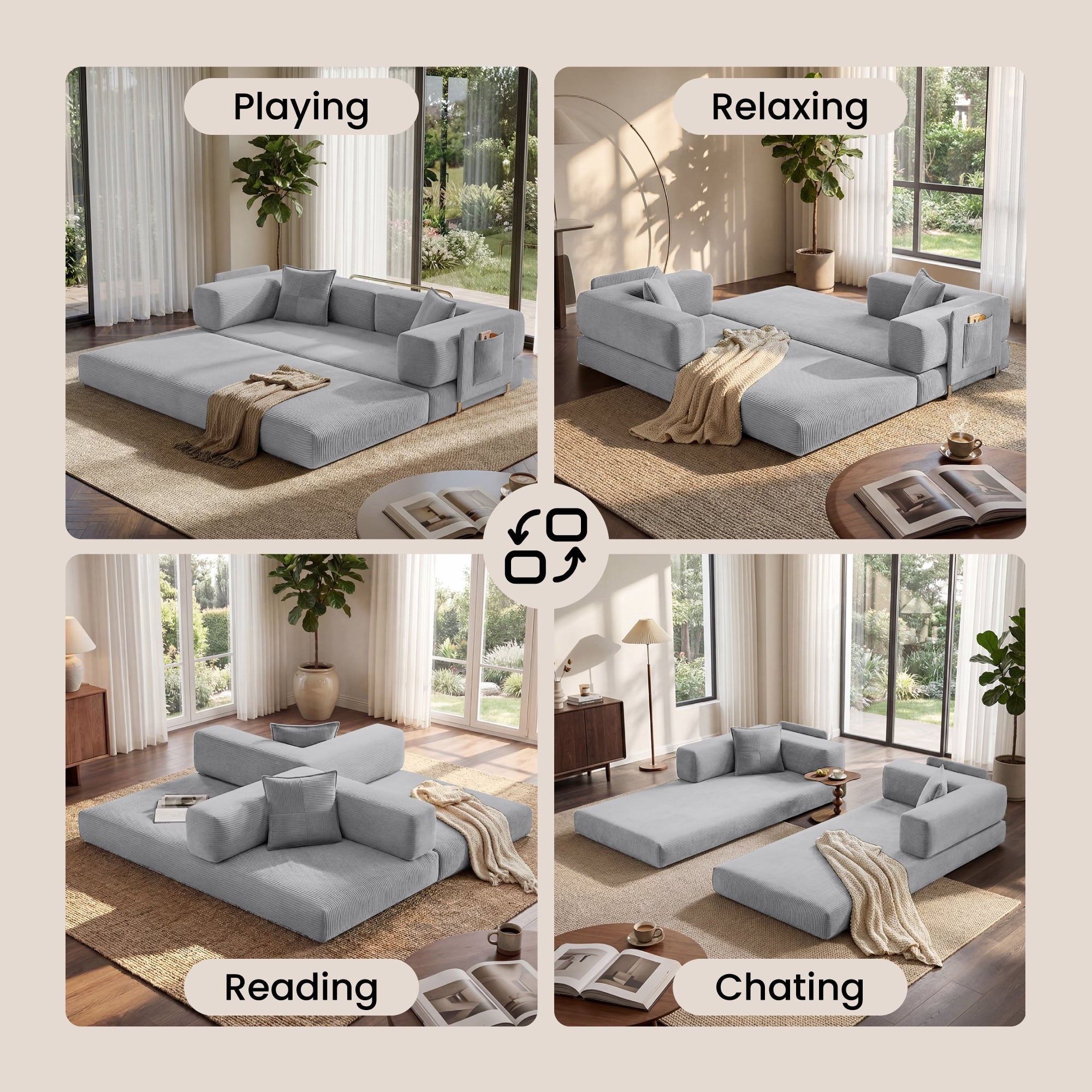 BELHOME 5-in-1 Convertible Sofa Bed, 78.8 Sleeper Sofa Boneless Couch with Side Pockets, Folding Floor Sofa Compression Sofa for Living Rooms No Assembly Required