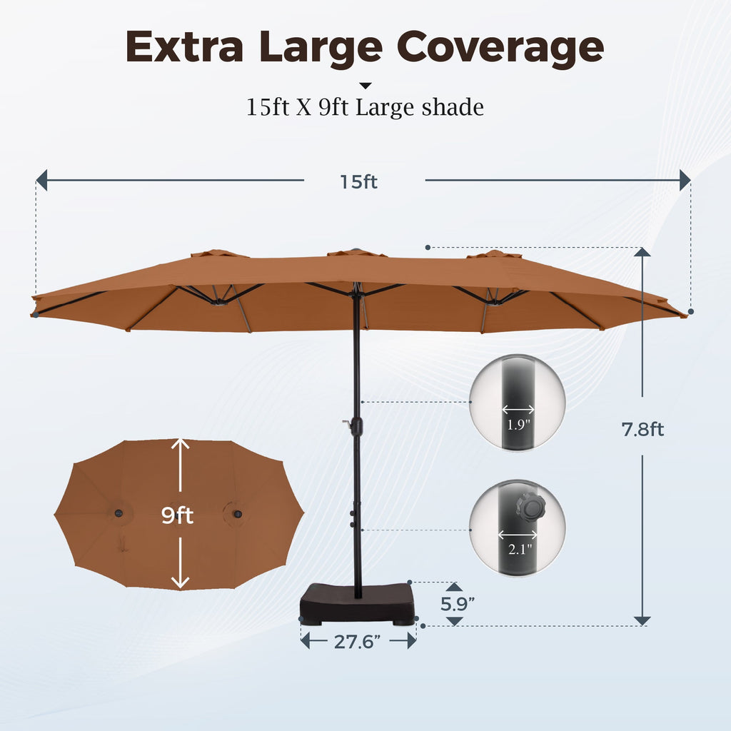 Alpha Joy 15ft Outdoor Patio Umbrella Extra-Large Double-Sided Garden Umbrella with Crank Handle and Base - Smoky Gray