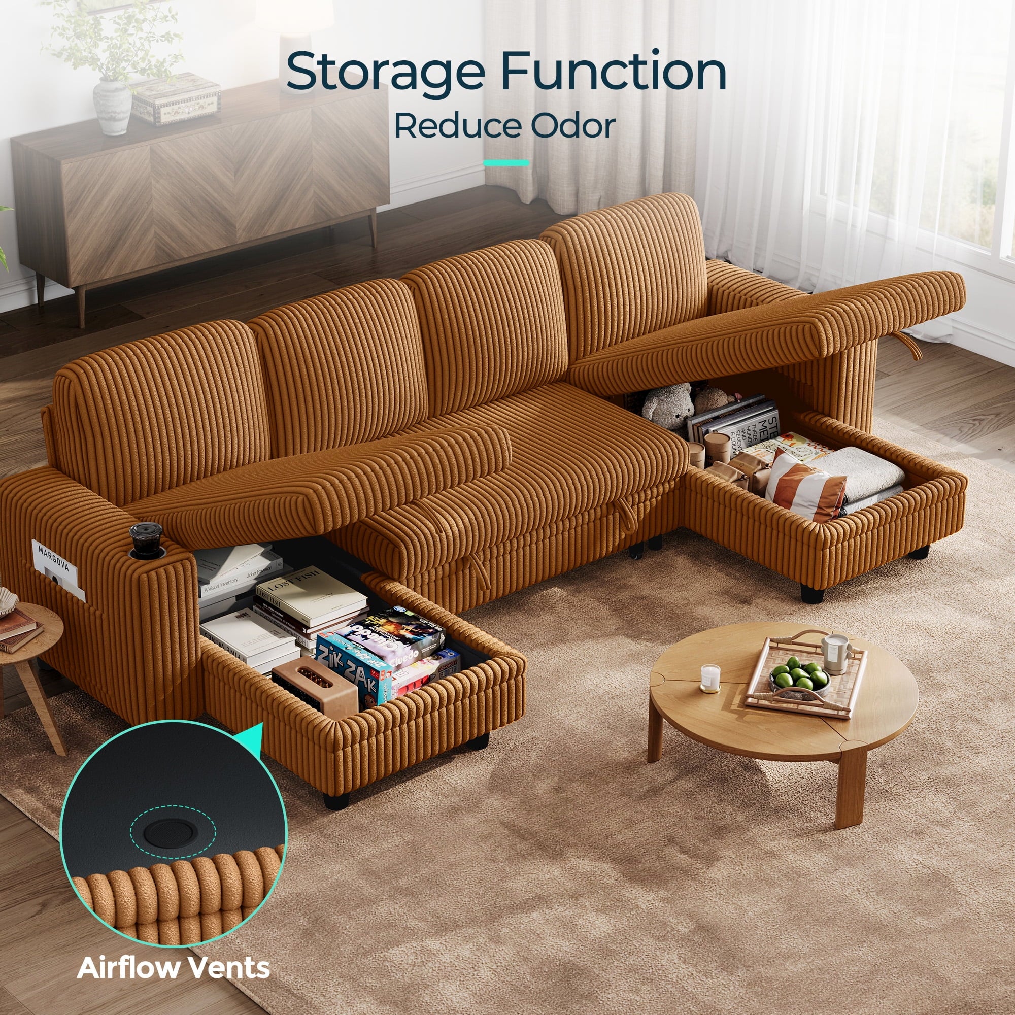 LINSY HOME L Shaped Sectional Couches for Living Room, Sleeper Sofa Bed with Reversible Storage Chaise, Pull Out Couch Bed with USB, Cup Holder, Black