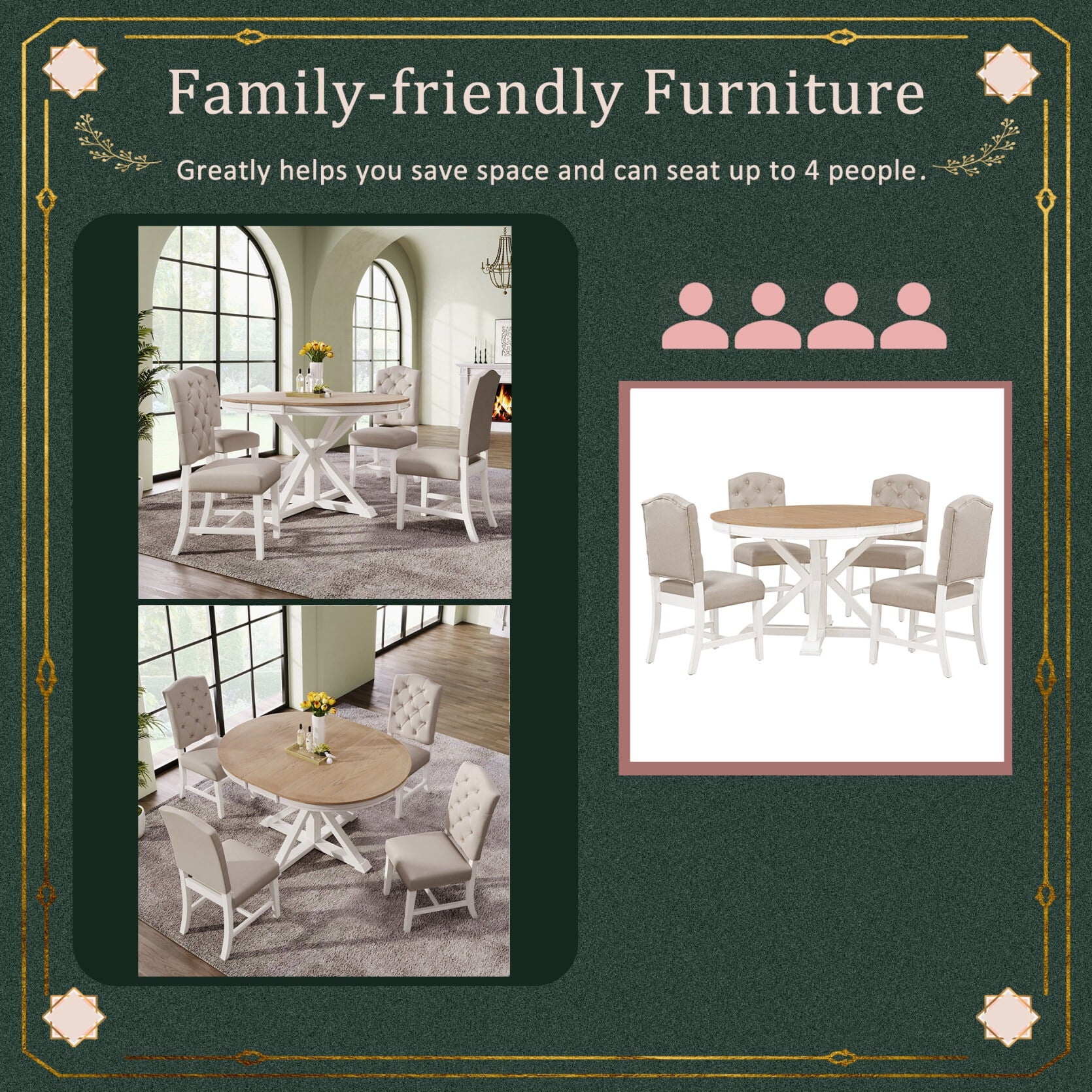 JAMPOOCA Retro Style MDF Extendable 5 Pieces Dining Table Set, Natural Wood