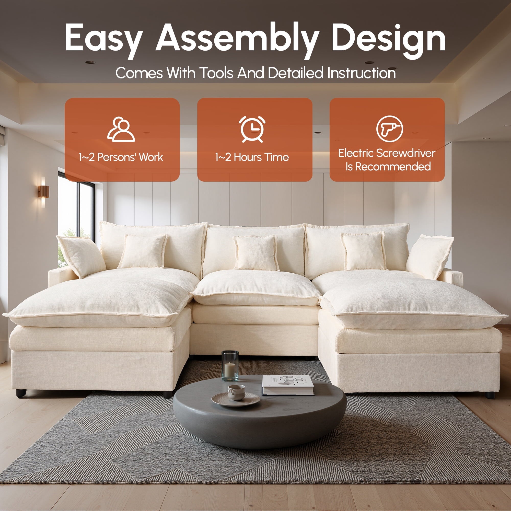 Ovios 108 Modular Sectional Sofa U-Shaped Cloud Couch with 2 Ottomans, Comfy Living Room Furniture, Chenille, Camel