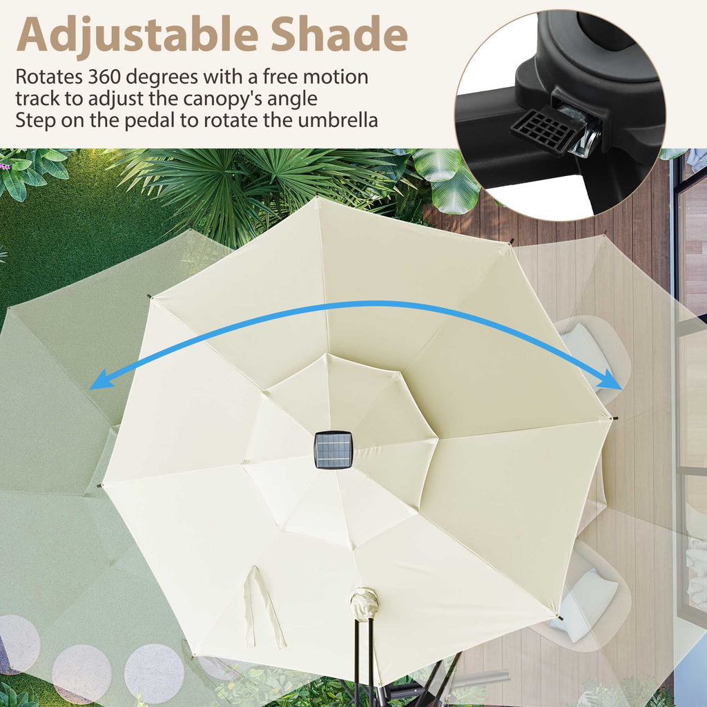 Autlaycil 10' Patio Cantilever Umbrella with Solar Lights, 5 Years Fade Resistance, Aluminum Offset Umbrella with 360-degree Rotation, Beige