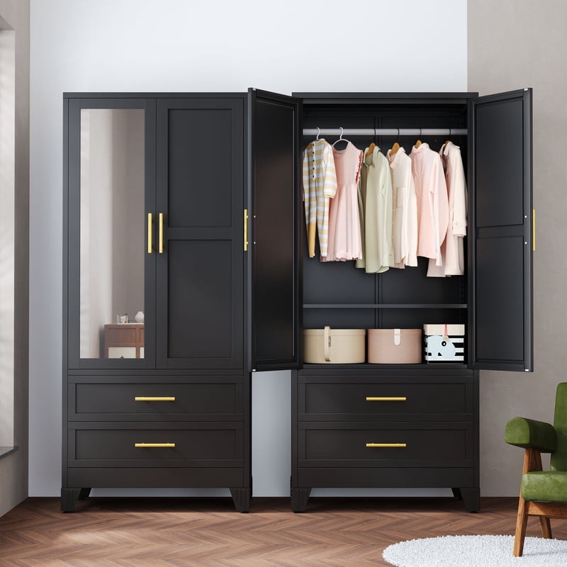 Ero Metal Freestanding Armoire Wardrobe Closet with Hanging Rod and Mirror