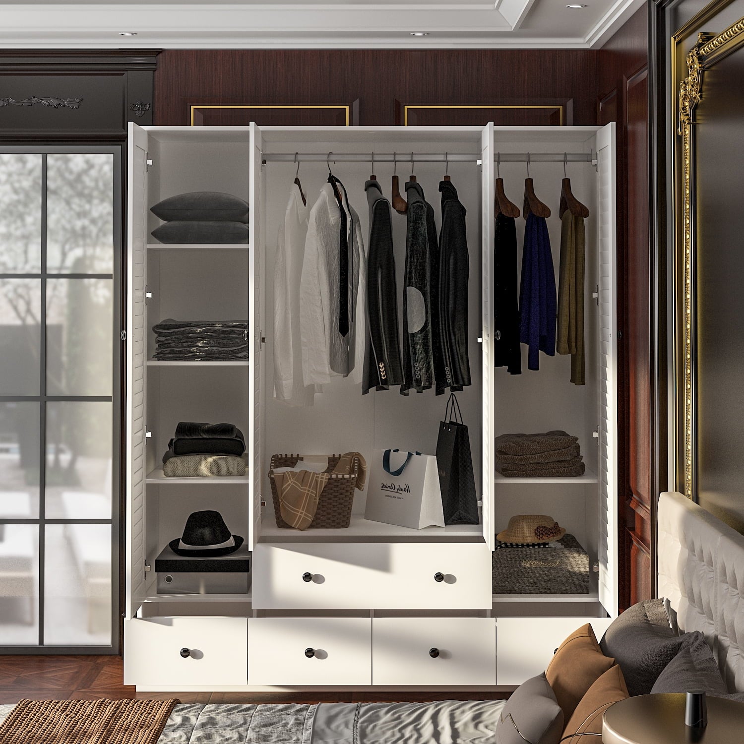 OxyLife 2 Door Wardrobe Armoire, White Closet Storage Organizer with Drawers and Shelves
