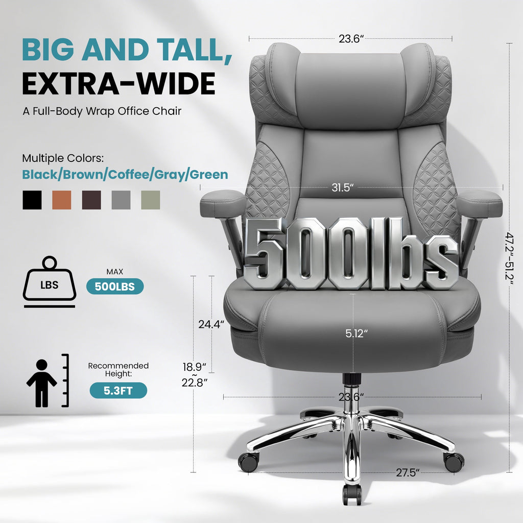 FASTES Leather Office Chair Big and Tall Desk Office Chair, 500lbs Computer Chair Ergonomic Extra Wide Gaming Chair with Adjustable Lumbar Support 5D Flip Arms, Black
