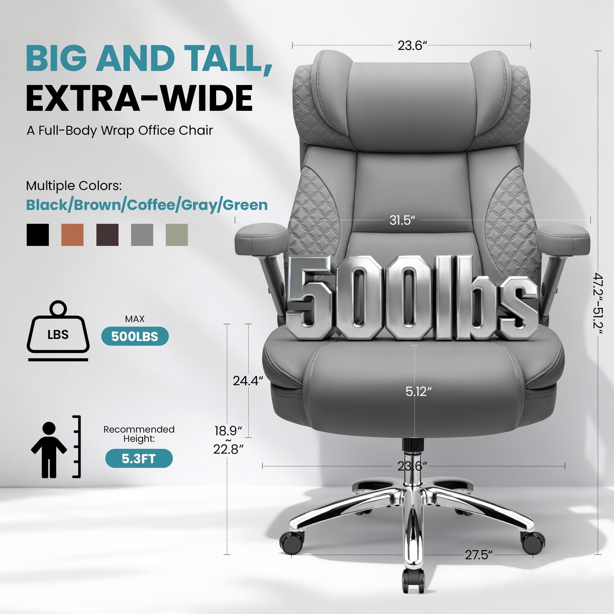 FASTES Leather Office Chair Big and Tall Desk Office Chair, 500lbs Computer Chair Ergonomic Extra Wide Gaming Chair with Adjustable Lumbar Support 5D Flip Arms, Black