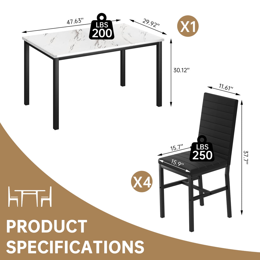 AWQM 5 Piece Dining Table Set, Faux Marble Kitchen Table and Chairs for 4, Dining Room Table Set with 4 PU Leather Chairs, White