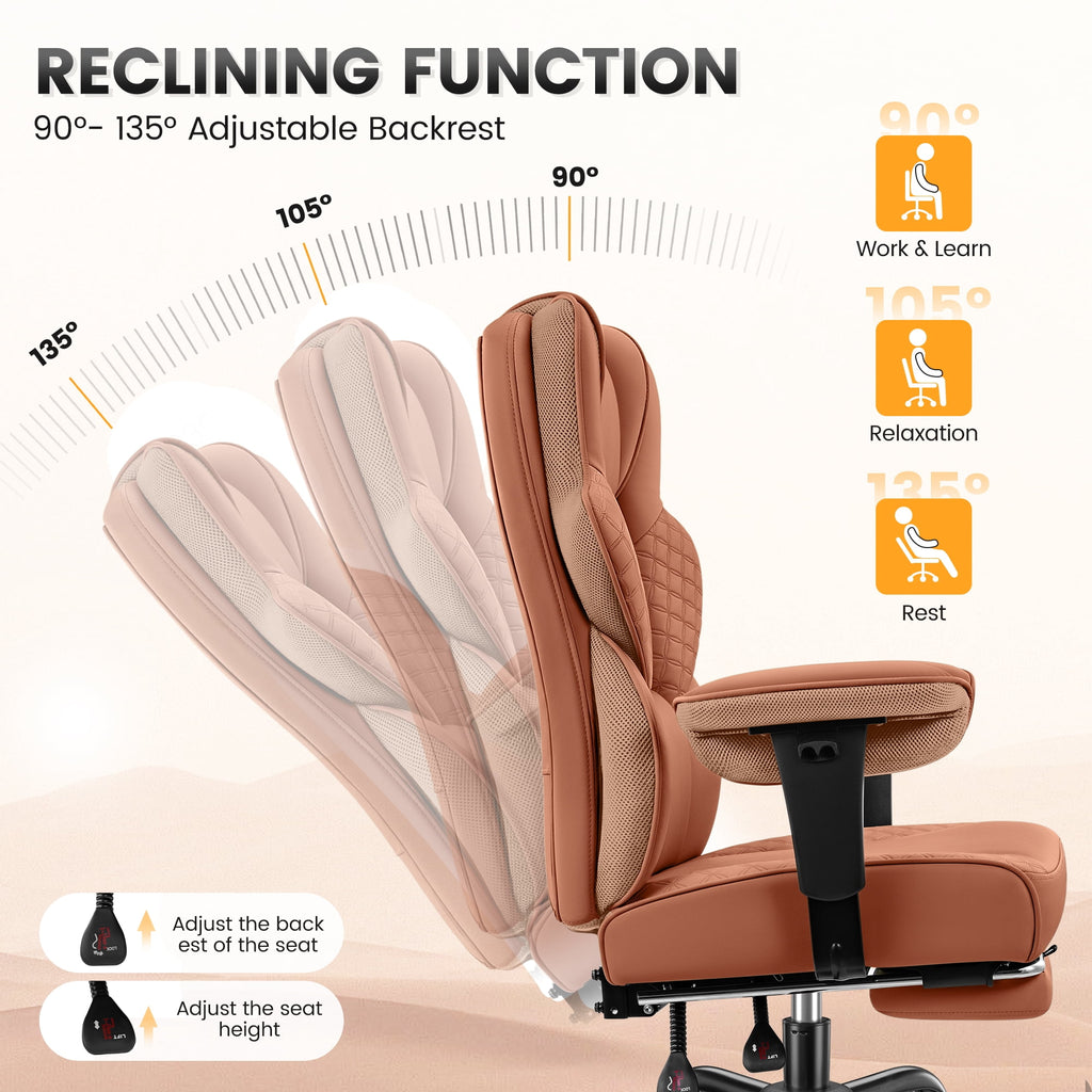 COOLHUT Big and Tall Office Chair 500lbs, Heavy Duty Ergonomic Office Desk Chair with Deluxe Embossing PU Leather with Footrest, Executive Gaming Chair with Lumbar Support, Brown