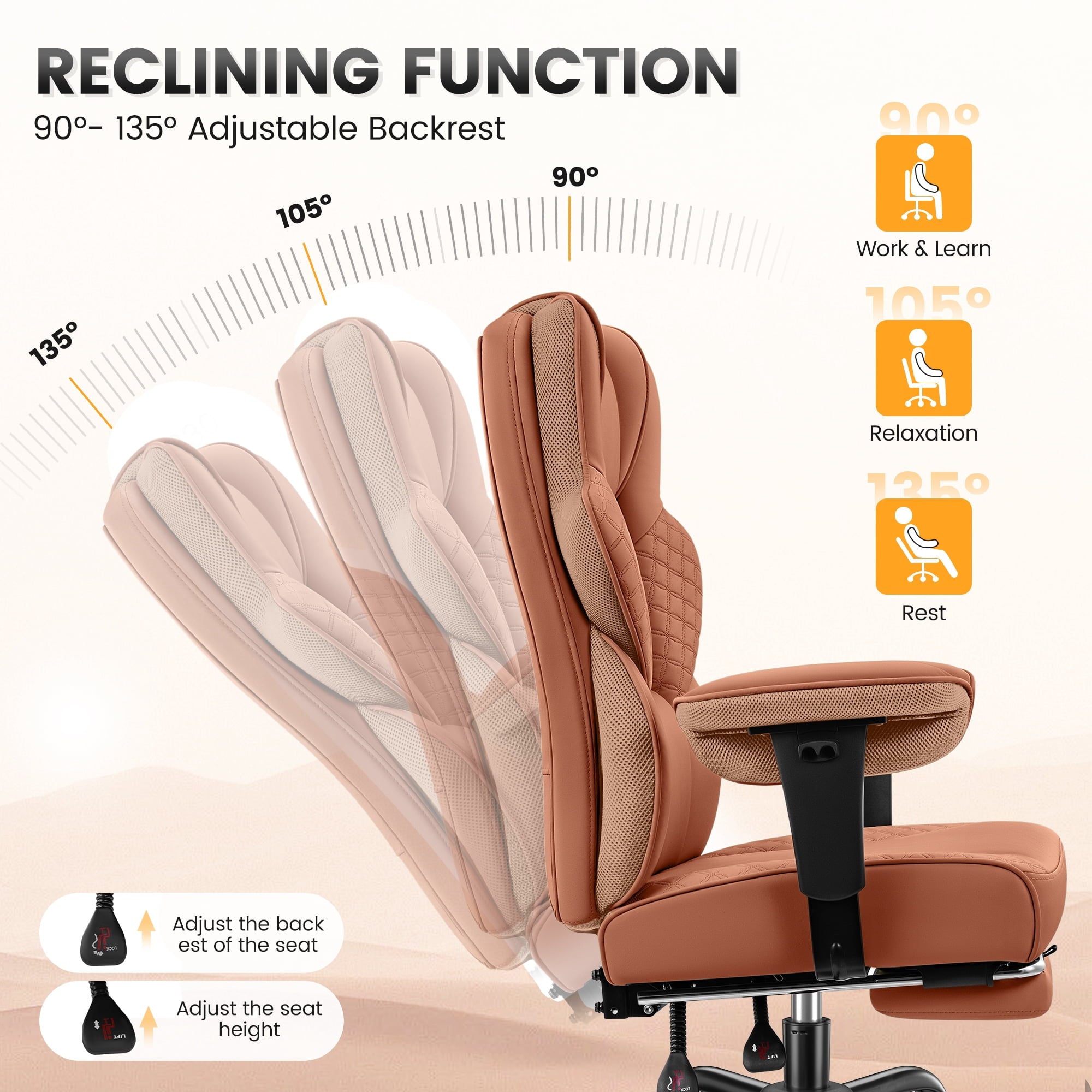 COOLHUT Big and Tall Office Chair 500lbs, Heavy Duty Ergonomic Office Desk Chair with Deluxe Embossing PU Leather with Footrest, Executive Gaming Chair with Lumbar Support, Brown
