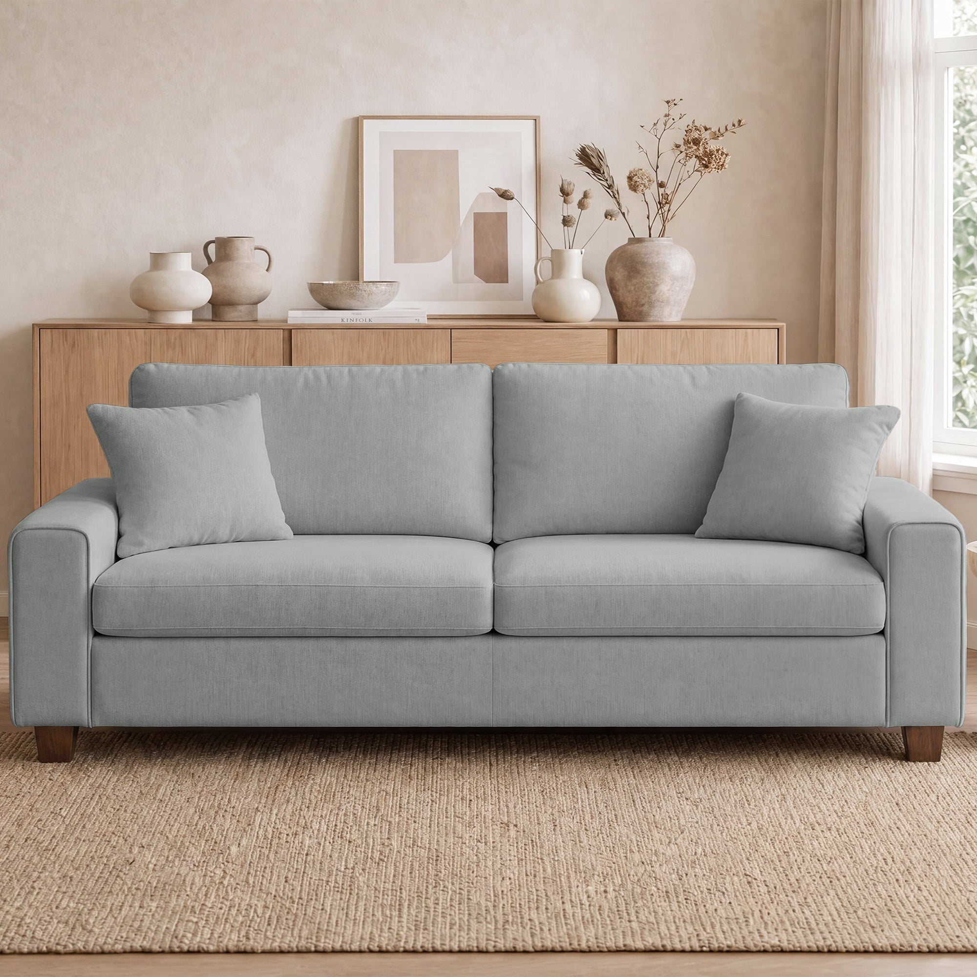Poshby 88.58''W 3 Seater Sofa Couch with Chenille, Modern Square Arm for Living Room, Light Gray