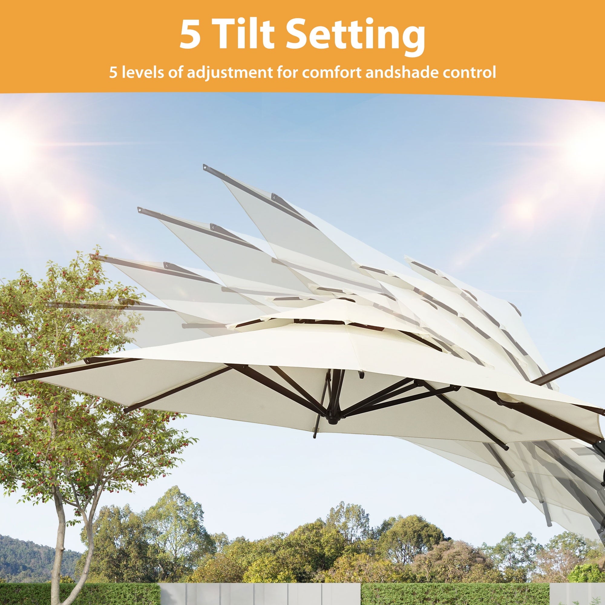 Ainfox 10ft Double Top Heavy-Duty Patio Cantilever Umbrella with lights and Cross Base, Outdoor Large Offset Hanging Aluminum Rotation Sun Shade Solar Umbrella with 360°Rotation Adjustable,Khaki