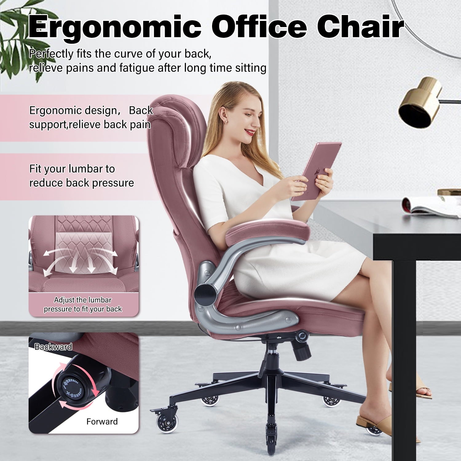 High Back Office Chair with Lockable Wheels, 400lbs Large Fabric Executive Desk Chair, Adjustable Lumbar Support Flip up Arms, Ergonomic Home Office Computer Chair with Storage Pocket, Black