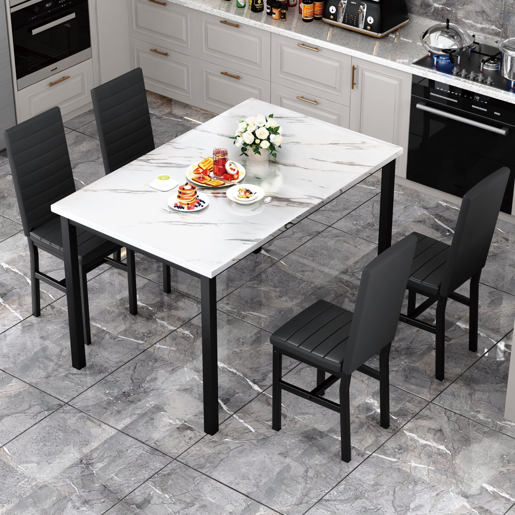 AWQM 5 Piece Dining Table Set, Faux Marble Kitchen Table and Chairs for 4, Dining Room Table Set with 4 PU Leather Chairs, White