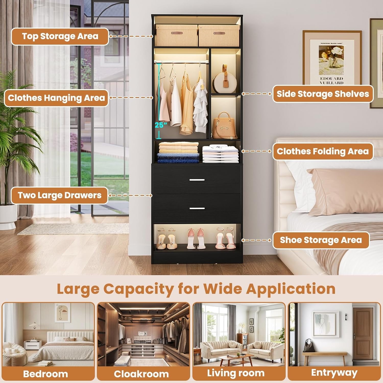 Homieasy Freestanding 24 Closet System with 2 Wood Drawers, 2FT Small Closet Organizer System with 6 Shelves & Hanging Rod, Walk-in Closet Systems for Small Closets, White