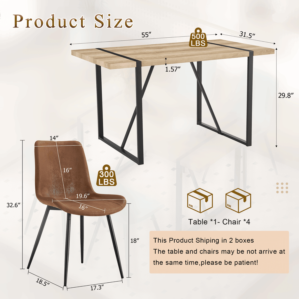 JUFU 55 Dining Table Set for 4, Modern Table and Chairs Set of 4, 5 Piece Dining Table Set Include Wooden Kitchen Table and 4 Faux Leather Chairs Ideal for Kitchen Dining Room Easy to Assemble