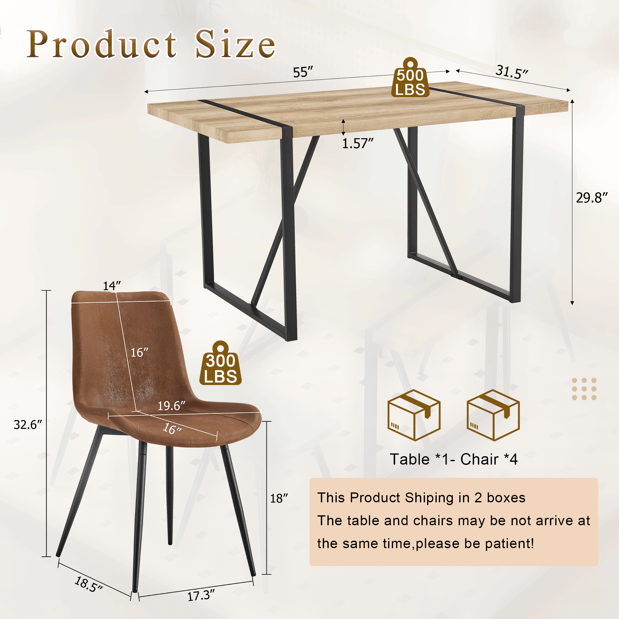 JUFU 55 Dining Table Set for 4, Modern Table and Chairs Set of 4, 5 Piece Dining Table Set Include Wooden Kitchen Table and 4 Faux Leather Chairs Ideal for Kitchen Dining Room Easy to Assemble
