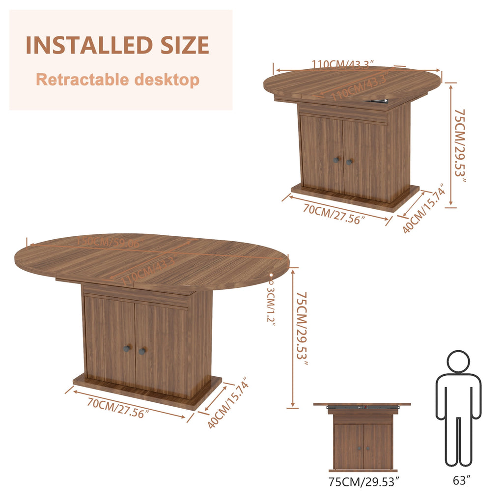WARAYZ 43.3–59in Extendable Dining Table, Wood Expandable Design with Hidden Storage, Rectangular Space-Saving Dark Brown