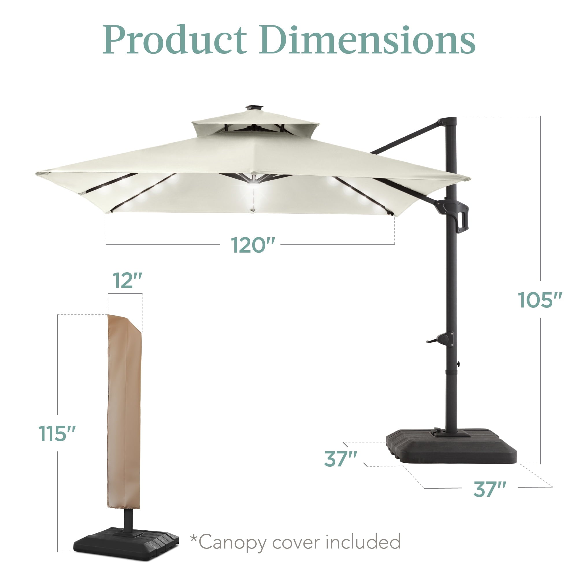 Best Choice Products 10x10ft 2-Tier Square Outdoor Solar LED Cantilever Patio Umbrella w/ Base Included - Tan