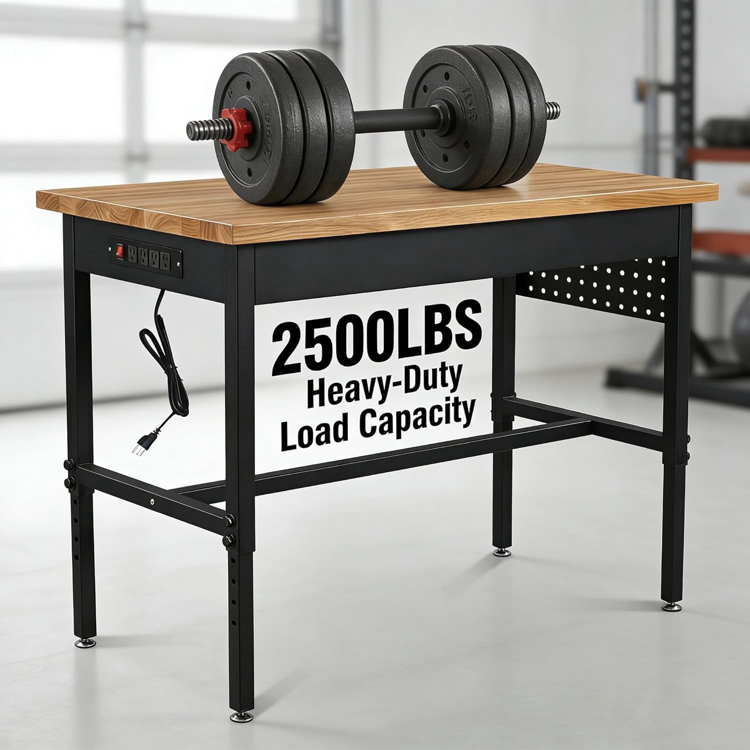 60 Inch Adjustable Workbench with Power Outlet, 2500 LBS Heavy Duty Double-Layer Workbench with Hardwood Top, 6-Level Height Adjustable Garage Work Table with Wheels, Rolling Workstation for Workshop