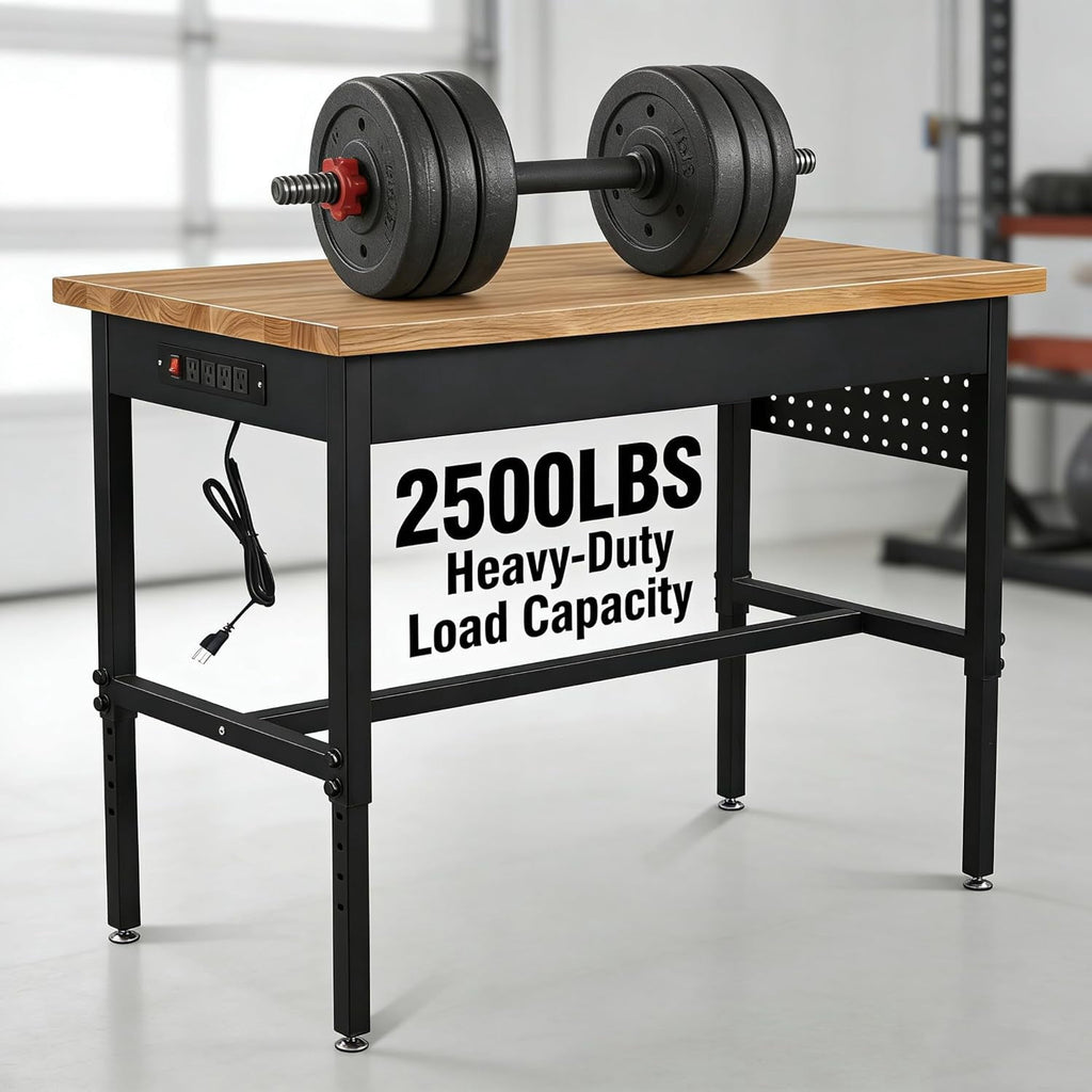 70 Inch Adjustable Workbench with Power Outlet Heavy Duty 2500 LBS Load Capacity Hardwood Work Table for Garage 6 Level Height Adjustable Workshop Bench with Wheels (70x22)