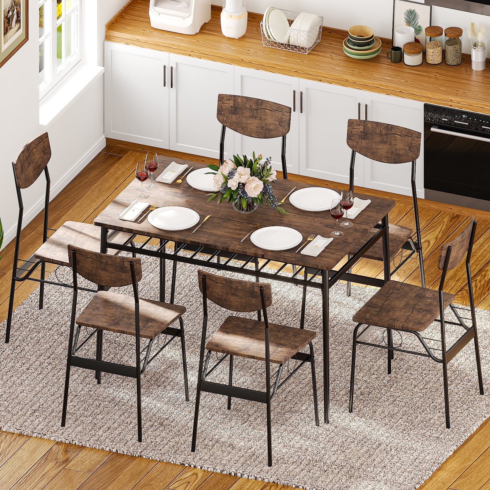 Ktaxon Dining Table Set for 4/6 with Storage Racks, Dining Room Table Set for 4/6 Modern Design, Kitchen Table and Chairs for Home Kitchen, Natural Wood
