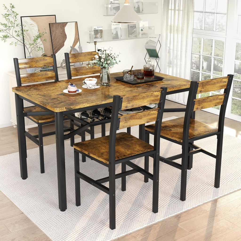 LinkRomat Dining Table Set for 4, Farmhouse Kitchen Table with 4 Wood Chairs, Dining Room Set for Breakfast Nook, Small Places, Restaurant, Gray