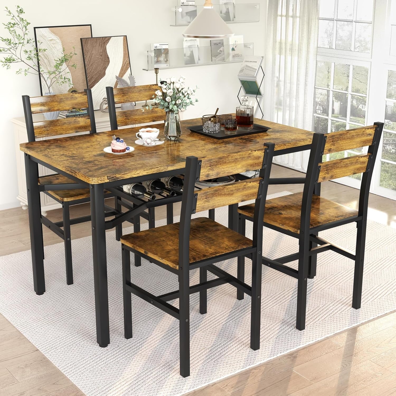 LinkRomat Dining Table Set for 4, Farmhouse Kitchen Table with 4 Wood Chairs, Dining Room Set for Breakfast Nook, Small Places, Restaurant, Gray