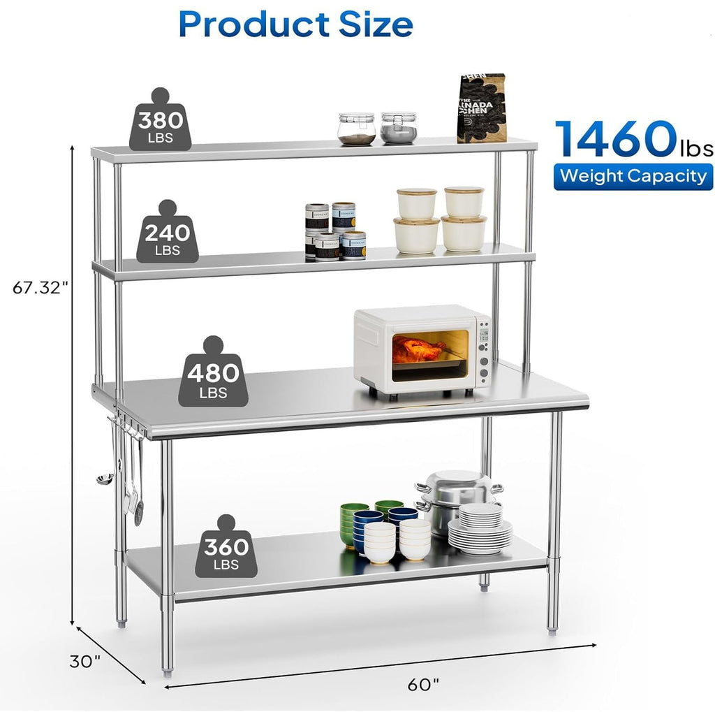 Ktaxon 72 x 30 Stainless Steel Workbench with Overshelves, NSF Commercial Heavy Duty Work Table with Adjustable Undershelf & Detachable Hooks