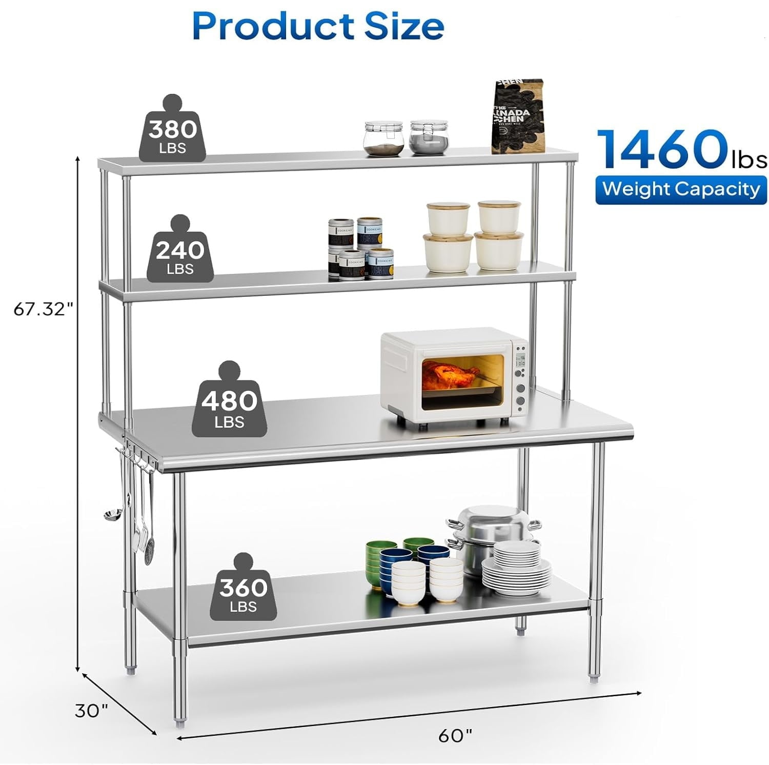 Ktaxon 72 x 30 Stainless Steel Workbench with Overshelves, NSF Commercial Heavy Duty Work Table with Adjustable Undershelf & Detachable Hooks