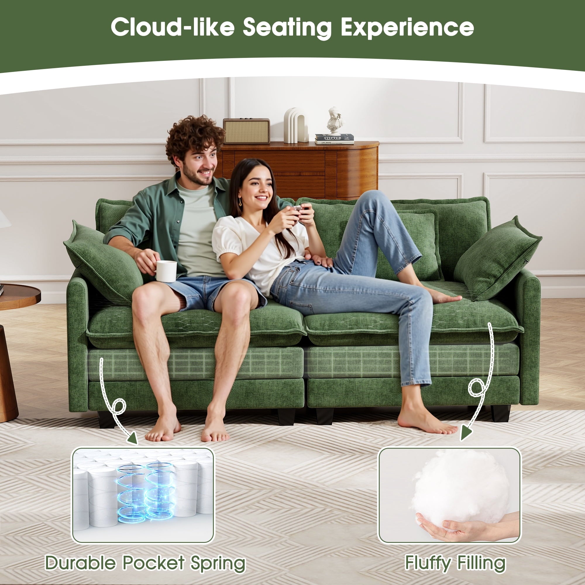 BedLuxury 111.5'' Modular Sectional Sofa with Movable Ottomans, U Shaped Cloud Couch for Living Room, 3-Seat, Beige