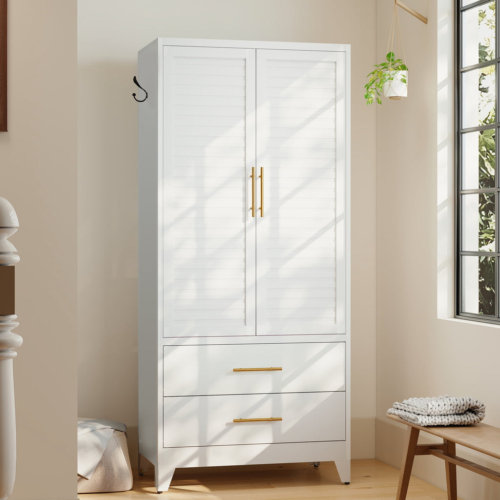 avobird 60 Tall Metal Wardrobe Cabinet with 1 Drawer and Hanging Rod, 2 Doors Wardrobe Closet with Shelf for Bedroom, Beige