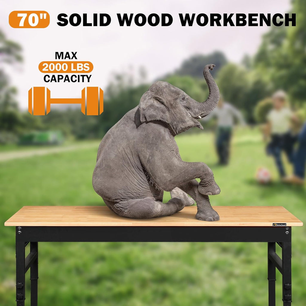Tolead 60 Heavy-Duty Adjustable Workbench with Power Outlets, Rubber Wood Shop Table, Metal Wheels, Workstation