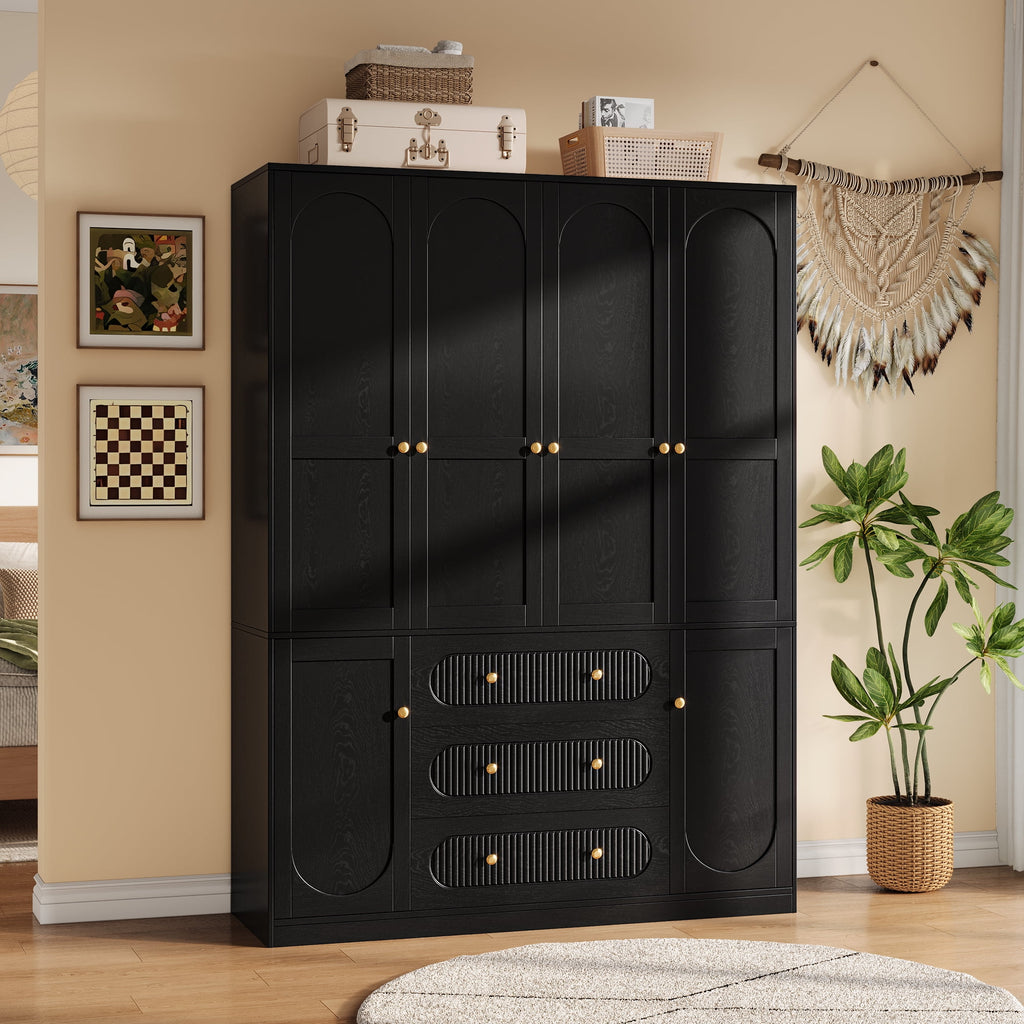 UGTOO 72H 4-Door Wardrobe Armoire with 3 Hanging Rods & 3 Drawers – Black Wooden Closet Storage Cabinet, Large Capacity Freestanding Clothes Organizer for Bedroom