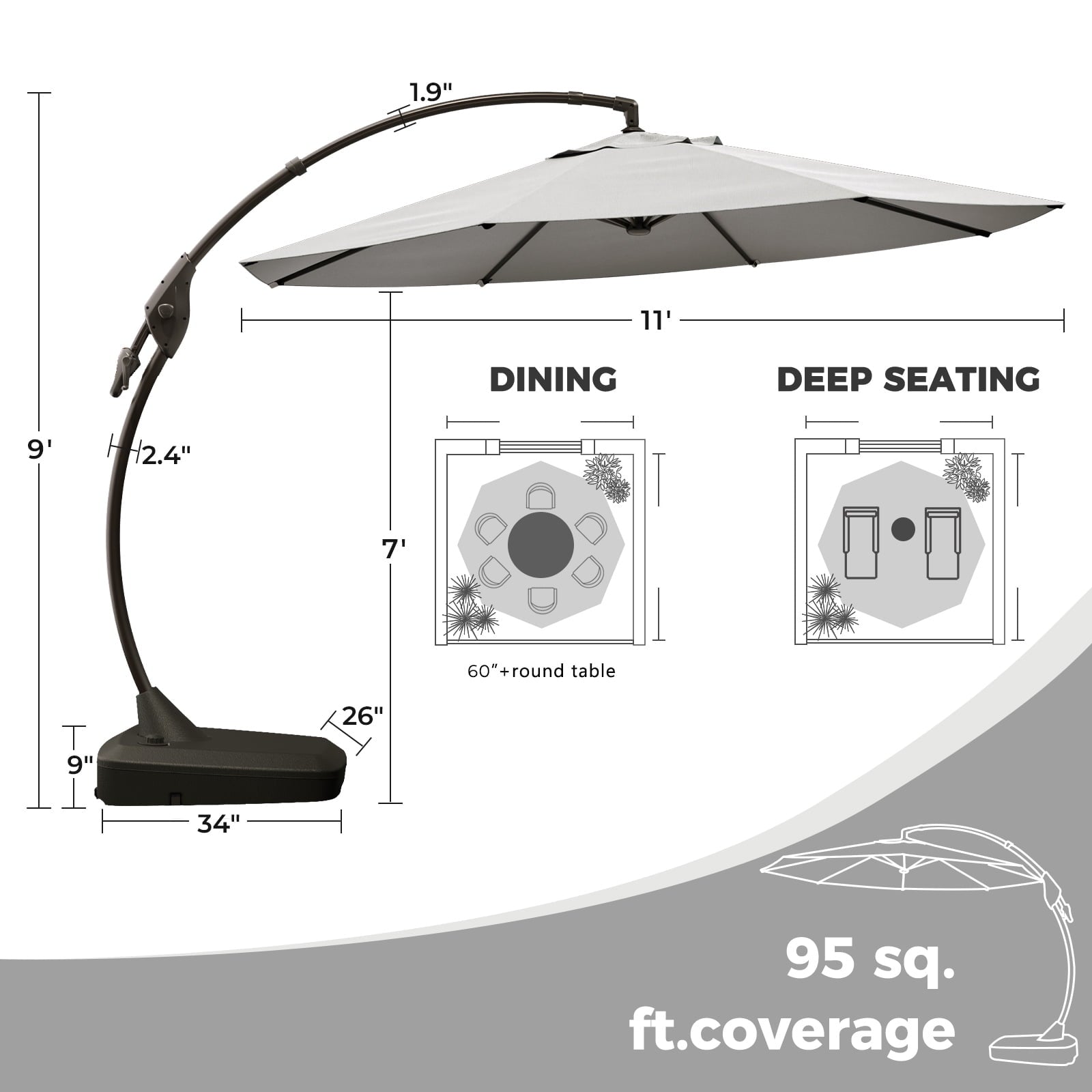 GRANDPATIO 12 ft Deluxe Aluminium Patio Umbrella with Base, Large Offset Outdoor Umbrella, Navy Blue