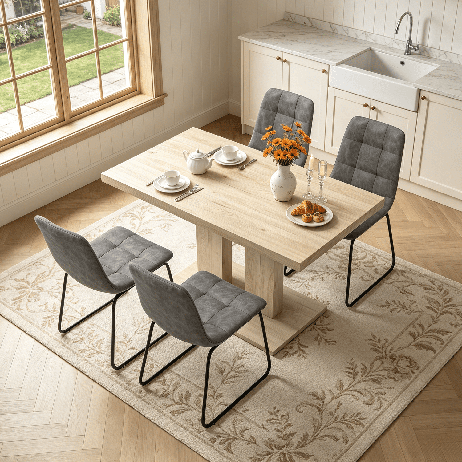 46.2 Dining Table,Modern Square Dining Table for 4-6 People,Rectangular Dining Room Table with Sturdy Pedestal Base，Rectangle kitchen Table for Living Room, Apartment