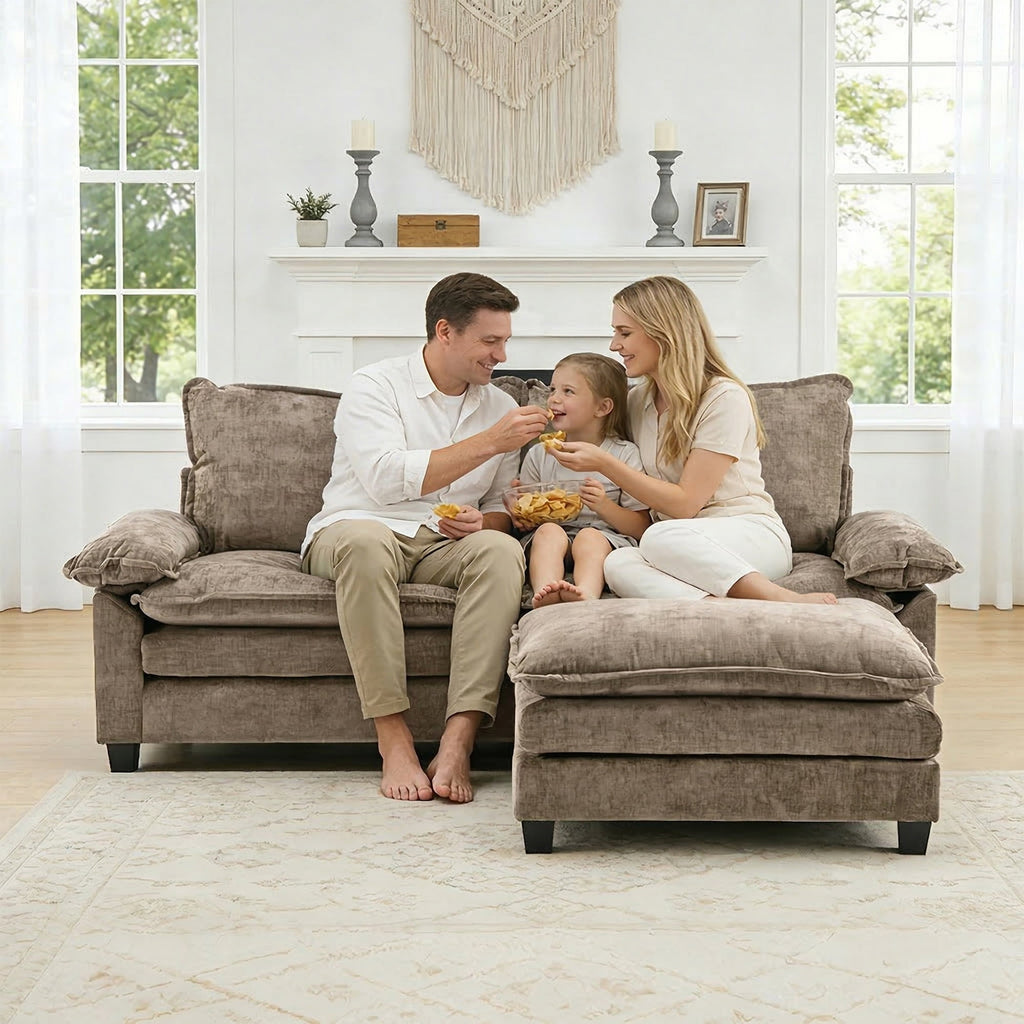 Ktaxon Sectional Sofa L Shaped Couch with Chaise Living Room Sleeper Set, 2 Seats with Chenille and Double Layer Cushions 86 W Beige