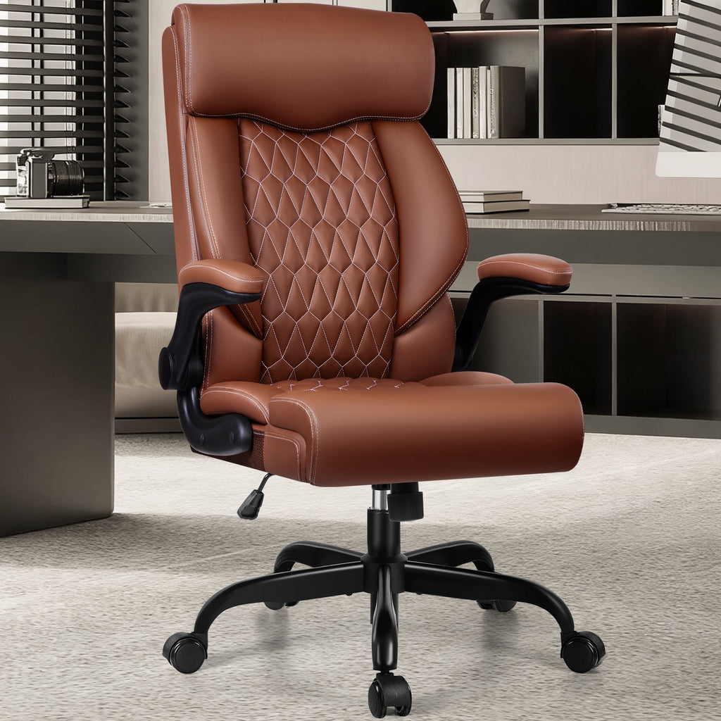 FASTES Executive Office Chair, Ergonomic Desk Chair with Adjustable Armrests, Computer Leather Chair Big and Tall Office Chair with Footrest and Lumbar Support, Brown
