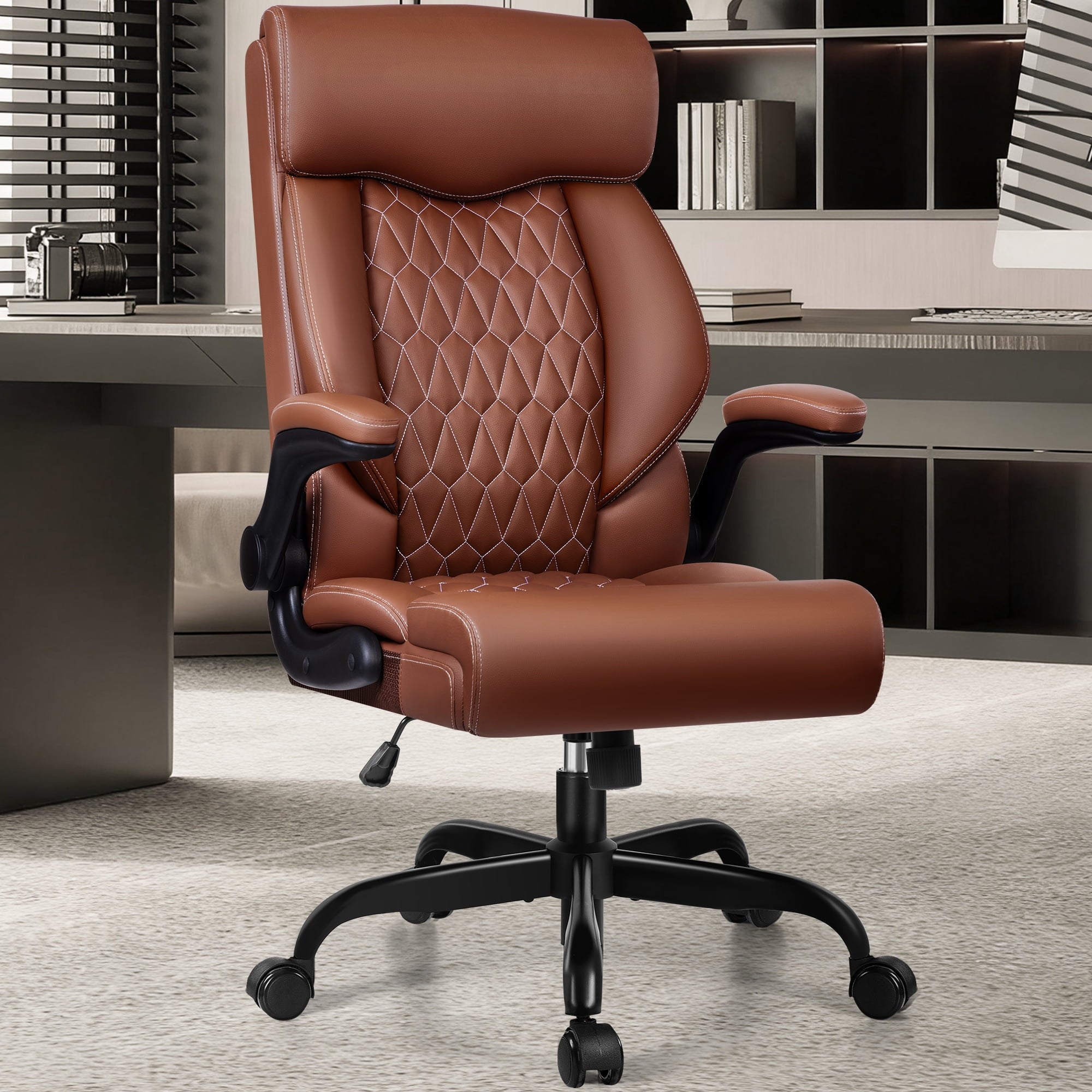 FASTES Executive Office Chair, Ergonomic Desk Chair with Adjustable Armrests, Computer Leather Chair Big and Tall Office Chair with Footrest and Lumbar Support, Brown