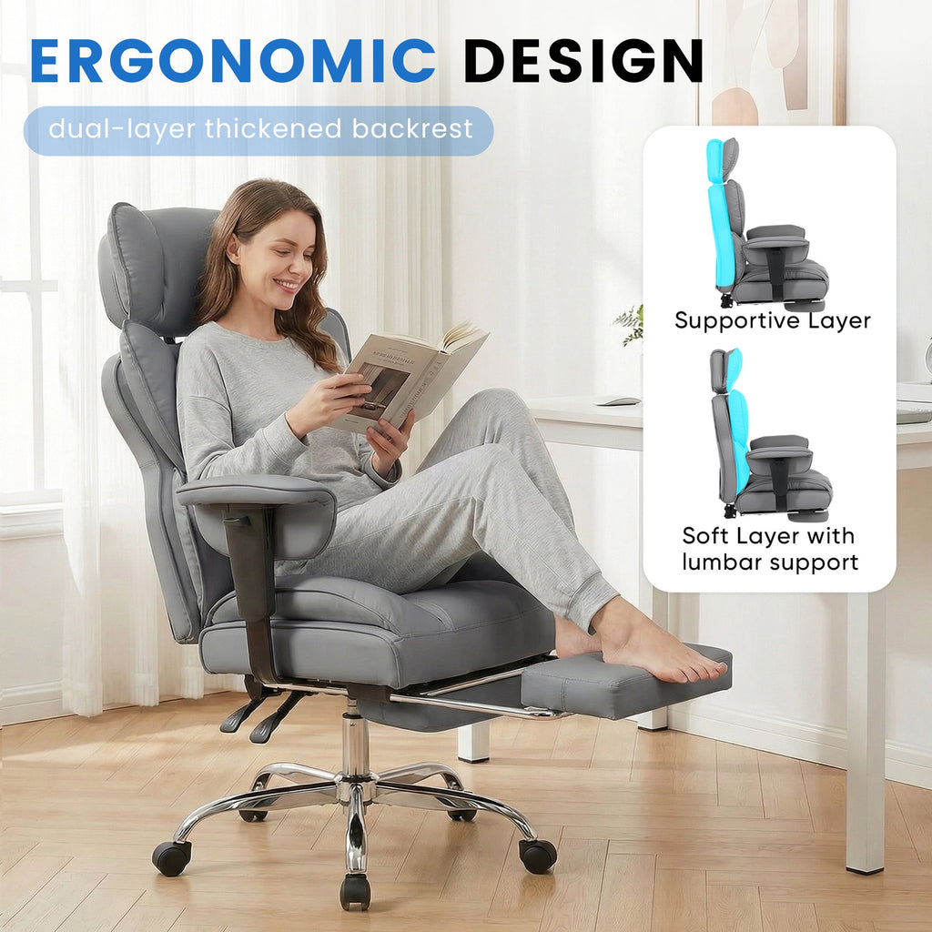 edx Executive Home Office Desk Chair, Ergonomic Big Tall High Back with Footrest & Lumbar Support, Reclining Comfy PU Leather Computer Gaming Chair with Swivel Wheels, Height Adjustable, Black