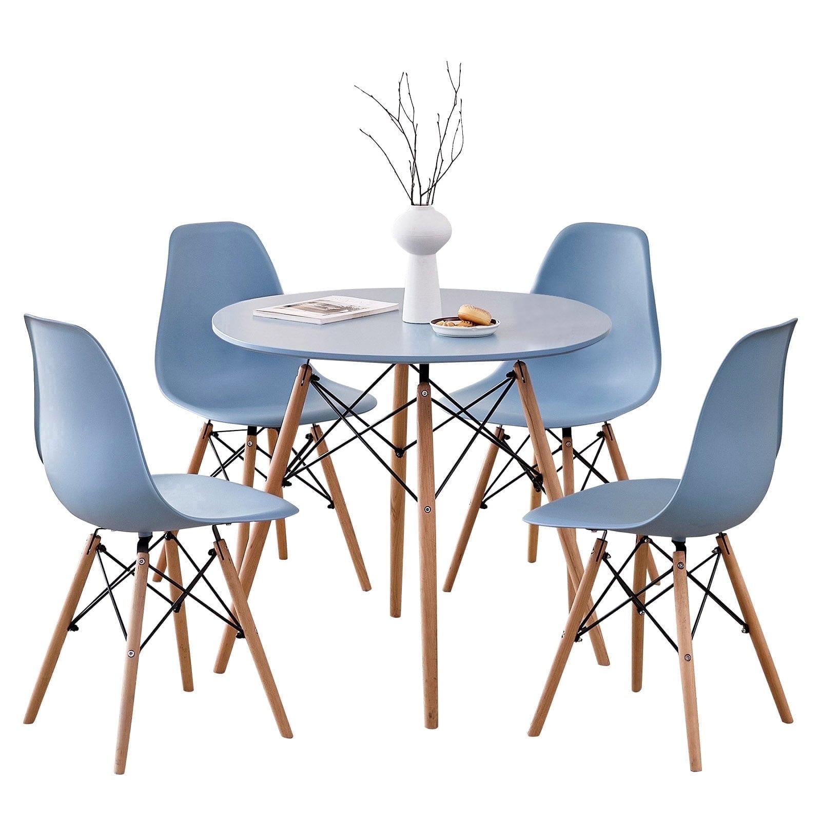 5-Piece 35.5'' Round Dining Table Set for 4, Kitchen Table Chair Set of 4, Mid-Century Modern Dinette Dining Room Table Set Dinner Table for 4 W/Solid Wood Legs, White