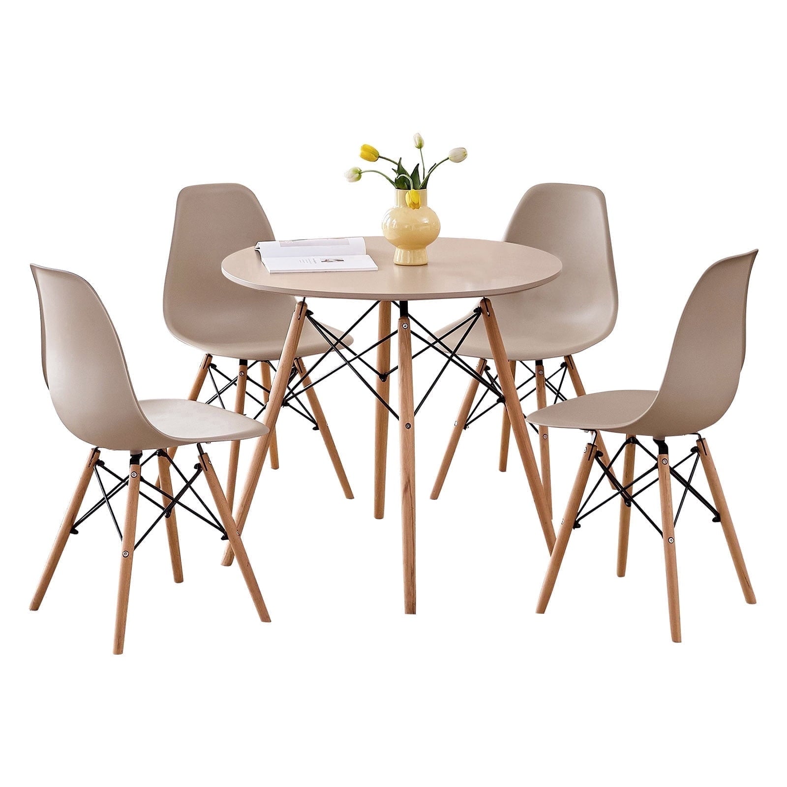 5-Piece 35.5'' Round Dining Table Set for 4, Kitchen Table Chair Set of 4, Mid-Century Modern Dinette Dining Room Table Set Dinner Table for 4 W/Solid Wood Legs, White