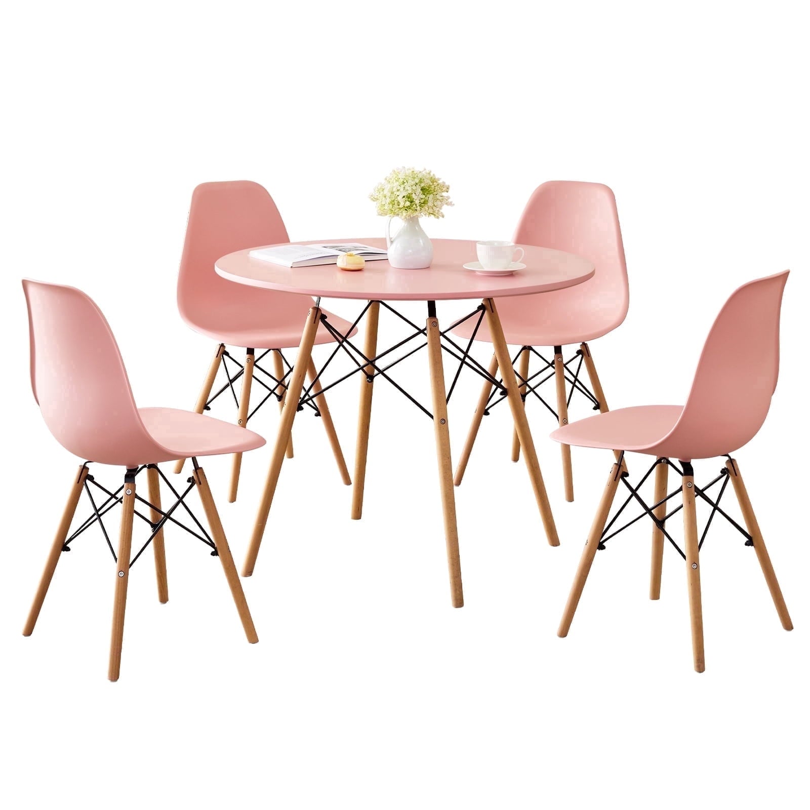 5-Piece 35.5'' Round Dining Table Set for 4, Kitchen Table Chair Set of 4, Mid-Century Modern Dinette Dining Room Table Set Dinner Table for 4 W/Solid Wood Legs, White